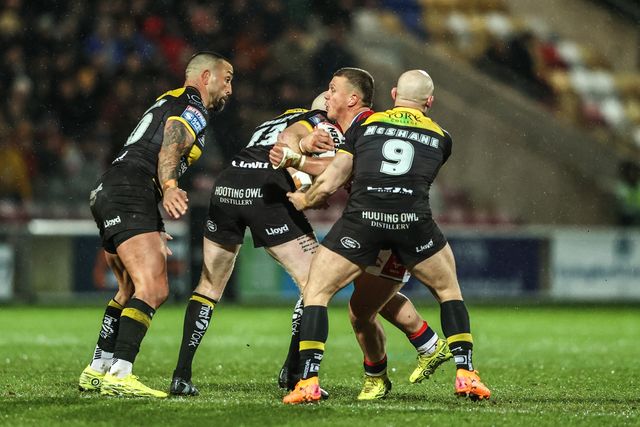 Jack Brown of Hull KR is tackled by Jordan Thompson of York Knights during the Betfred Super League Round 1 match York Knights vs Hull KR at LNER Community Stadium, Lincoln, United Kingdom on 12 February 2026

(Photo by Alfie Cosgrove/News Images)
