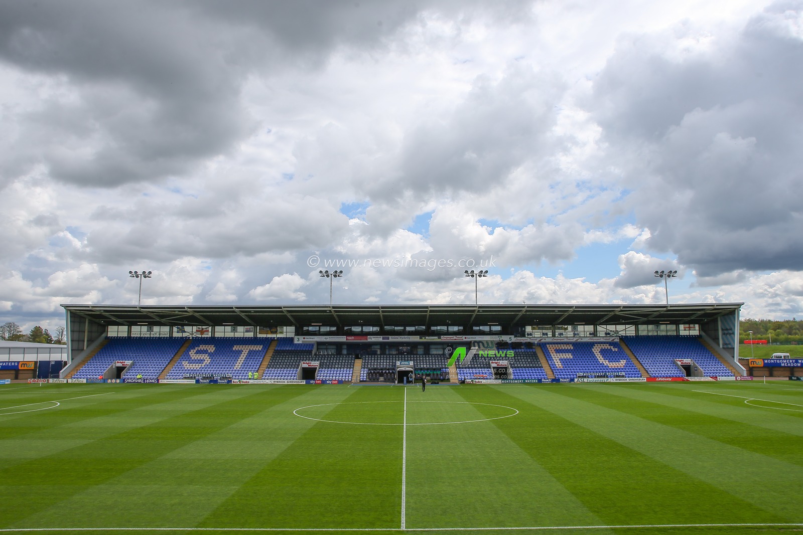 A general view inside of Greenhous Meadow, home of Shrewsbury Town ahead of the Sky Bet League 1 match Shrewsbury Town vs Sheffield Wednesday at Greenhous Meadow, Shrewsbury, United Kingdom, 29th April 2023

(Photo by Gareth Evans/News Images)