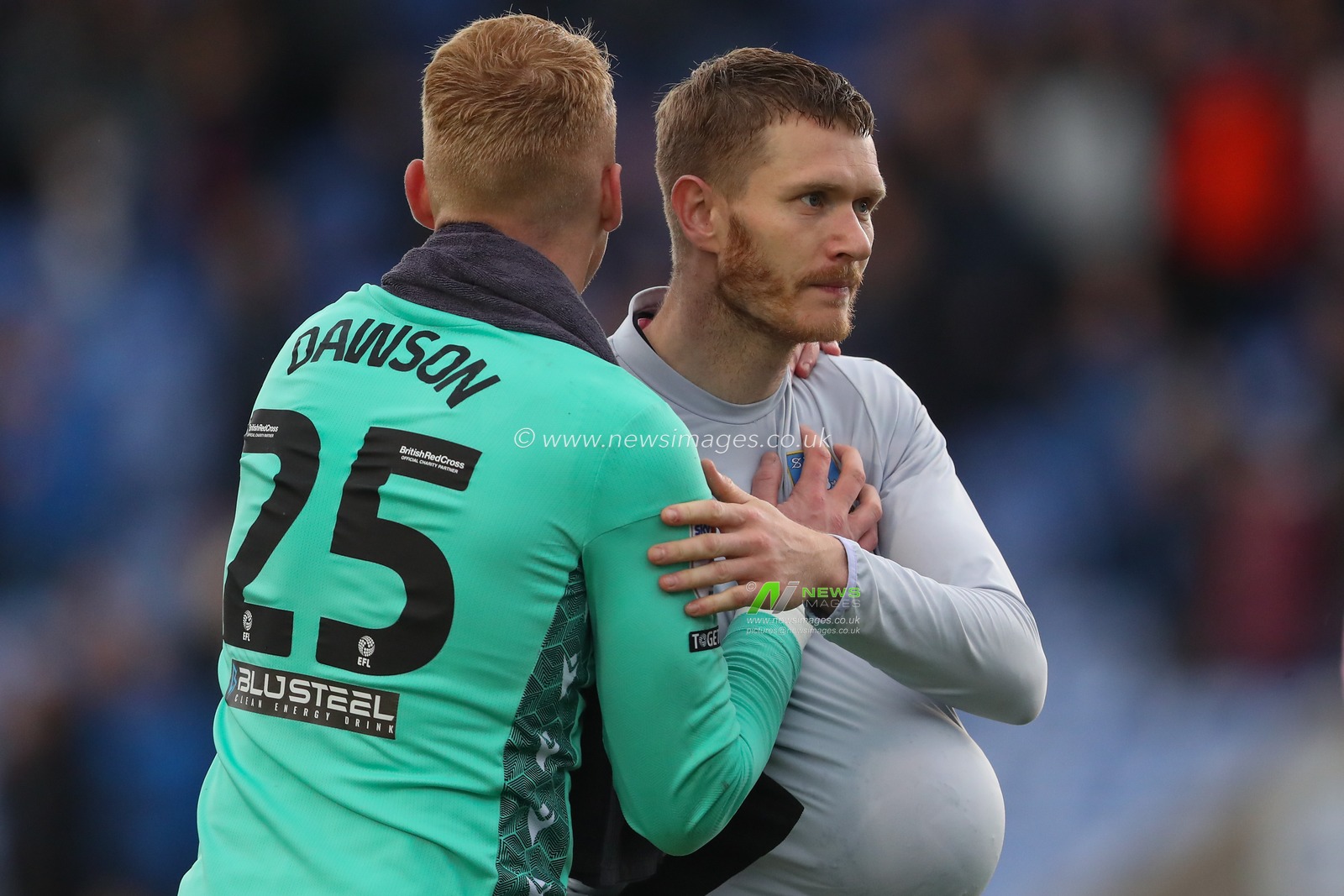 Cameron Dawson #25 of Sheffield Wednesday and Michael Smith #24 of Sheffield Wednesday embrace after the Sky Bet League 1 match Shrewsbury Town vs Sheffield Wednesday at Greenhous Meadow, Shrewsbury, United Kingdom, 29th April 2023

(Photo by Gareth Evans/News Images)