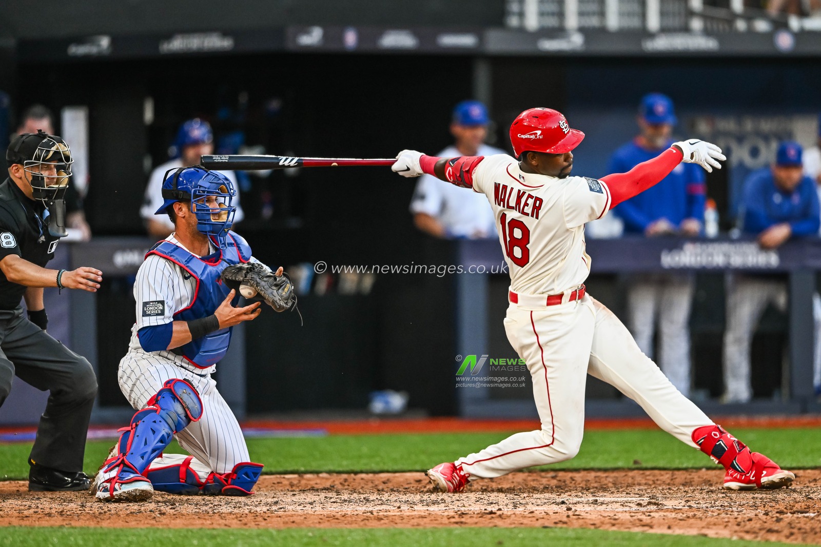 Jordan Walker #18 of the St. Louis Cardinalsswings and misses during the 2023 MLB London Series match St. Louis Cardinals vs Chicago Cubs at London Stadium, London, United Kingdom, 24th June 2023

(Photo by Craig Thomas/News Images)