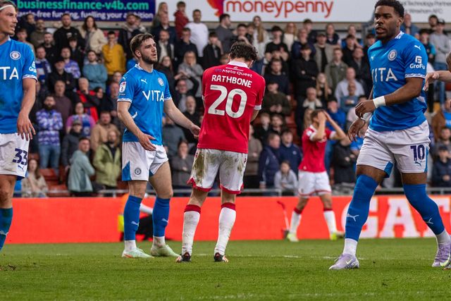 Wrexham's Oliver Rathbone rues his missed opportunity during the Sky Bet League 1 match Wrexham vs Stockport County at SToK Cae Ras, Wrexham, United Kingdom, 22nd March 2025

(Photo by Nik Mesney/News Images)