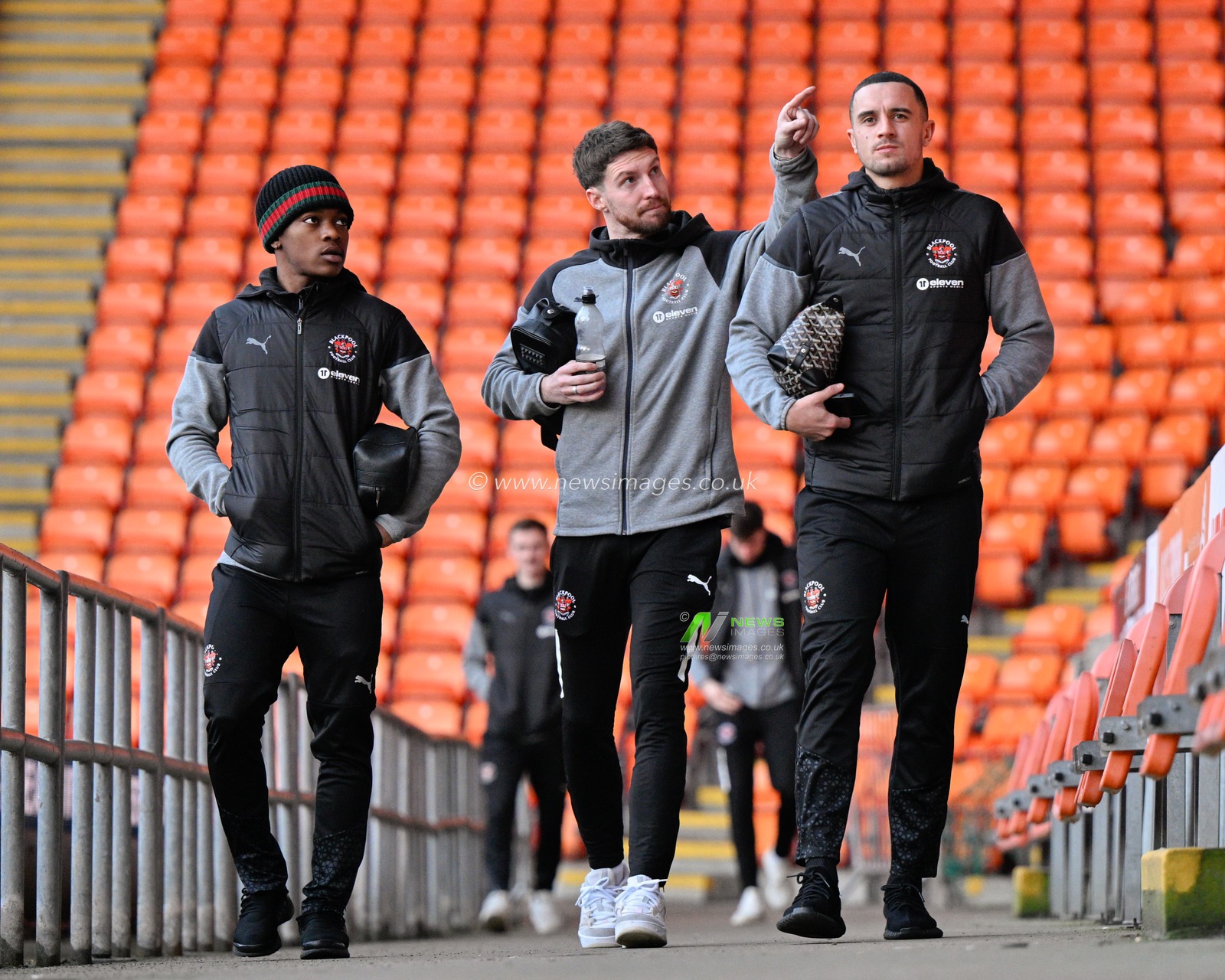 Karamoko DembÃ©lÃ© of Blackpool, James Husband of Blackpool and Oliver Norburn of Blackpool arrives ahead of the match, during the Bristol Street Motors Trophy Quarter Final match Blackpool vs Bolton Wanderers at Bloomfield Road, Blackpool, United Kingdom, 30th January 2024

(Photo by Cody Froggatt/News Images)
