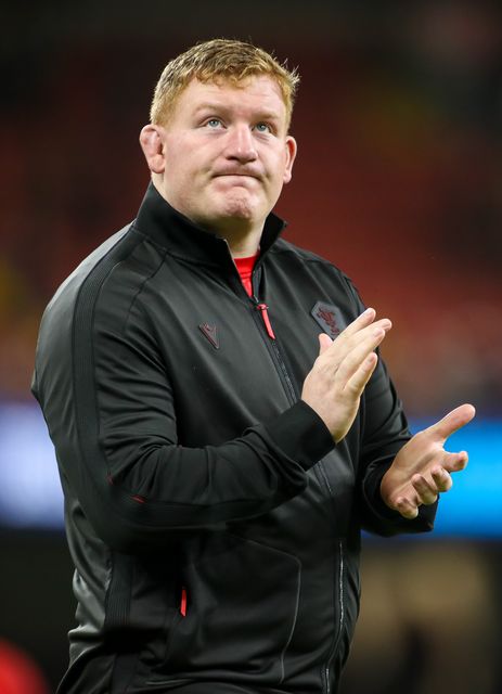Rhys Carre of Wales applauds the Welsh fans during the Guinness Six Nations match Wales vs France at Principality Stadium, Cardiff, United Kingdom, 15th February 2026

(Photo by Andrew Lewis/News Images)