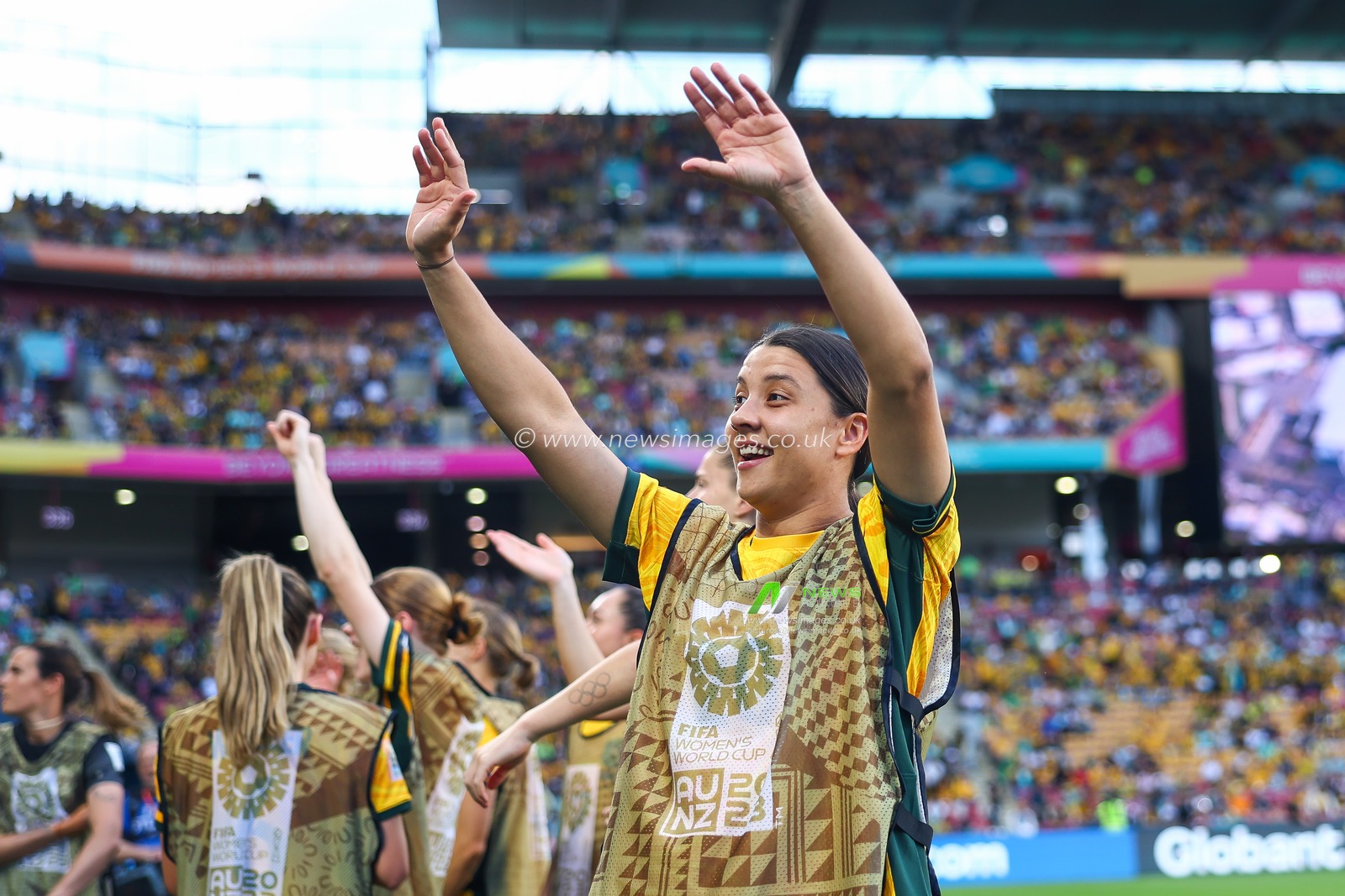 Sam Kerr #20 of Australia waves to fans ahead of the FIFA Women's World Cup 2023 Quarter-Final match Australia Women vs France Women at Suncorp Stadium, Brisbane, Australia, 12th August 2023

(Photo by Patrick Hoelscher/News Images)