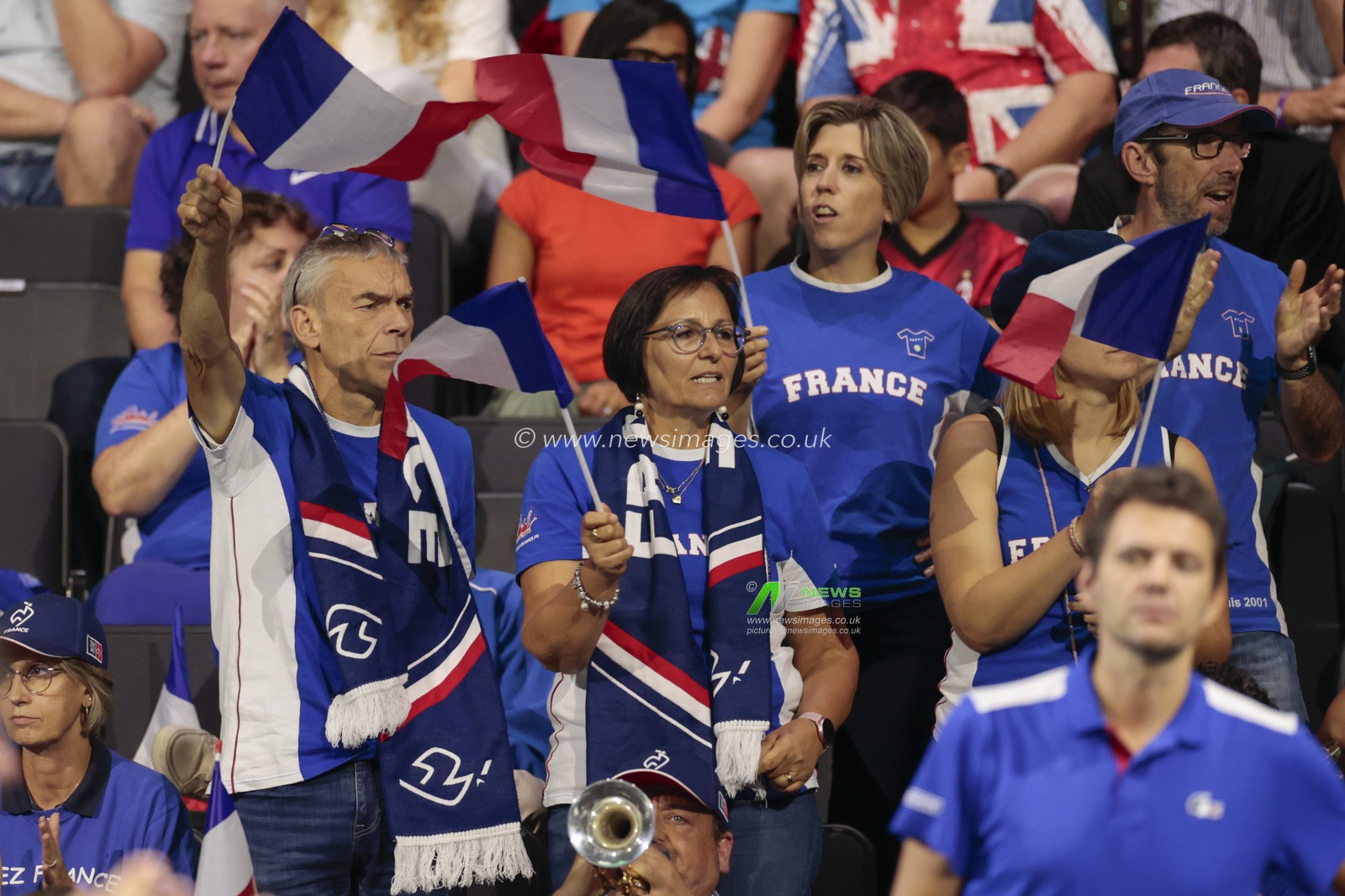 French tennis fans at the Davis Cup match Great Britain vs France at Manchester AO Arena, Manchester, United Kingdom, 17th September 2023

(Photo by Conor Molloy/News Images)