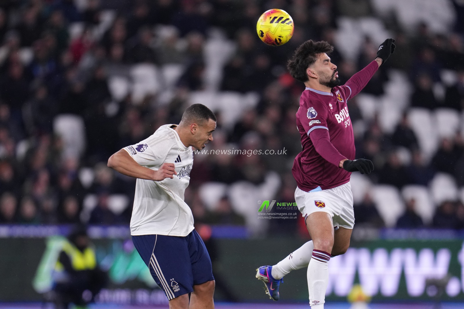 Lucas Paqueta of West Ham United wins header during the Premier League match West Ham United vs Nottingham Forest at London Stadium, London, United Kingdom, 6th January 2026

(Photo by Harvey Murphy/News Images)

*** GER AUT SUI OUT ***