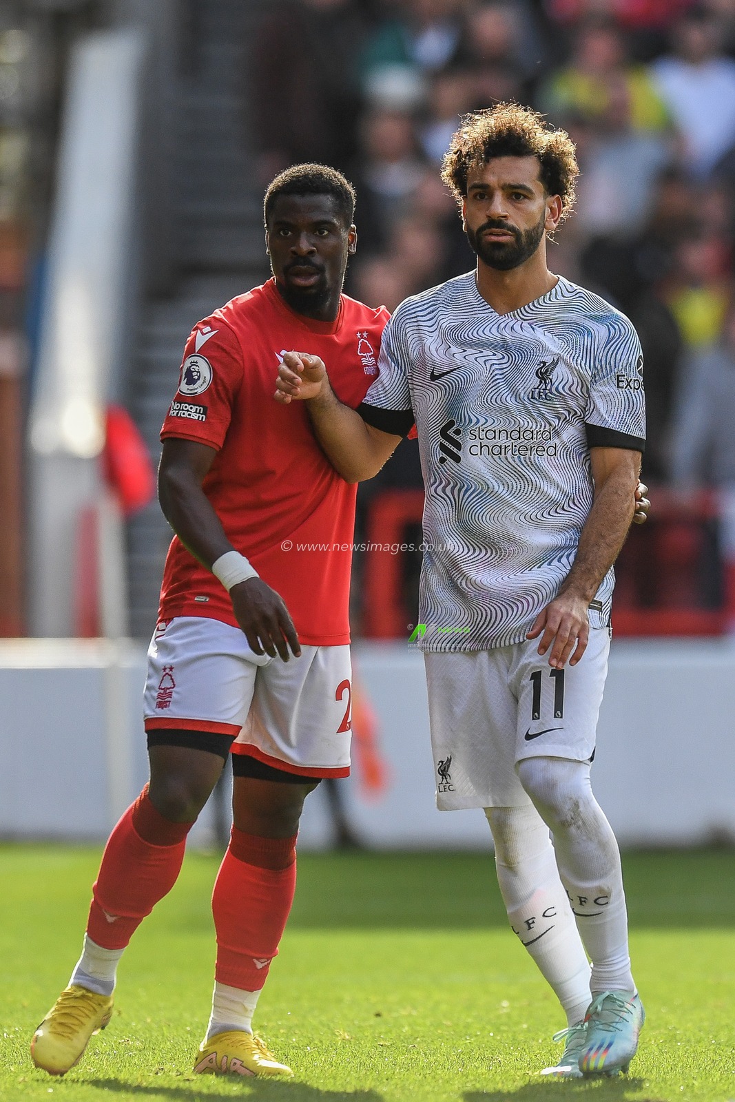 Mohamed Salah #11 of Liverpool and Serge Aurier #24 of Nottingham Forest during the Premier League match Nottingham Forest vs Liverpool at City Ground, Nottingham, United Kingdom, 22nd October 2022

(Photo by Mike Jones/News Images)