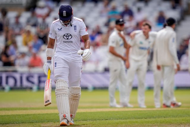 A dejected Emilio Gay of England walks off after being dismissed out caught by Tom Blundell of New Zealand off the bowling of Nathan Smith of New Zealand during the 3rd Rothesay Test Match Day 5 match England vs New Zealand at Trent Bridge, Nottingham, United Kingdom on 29 June 2026

(Photo by Maynard Manyowa/News Images)