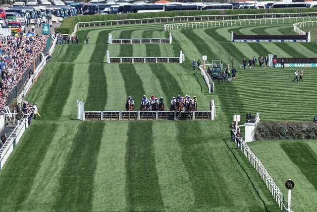 The horses jump the hurdle in the 13:20 race during the Randox Grand National 2025 Day 3 Grand National Day at Aintree Racecourse, Liverpool, United Kingdom, 5th April 2025

(Photo by Mark Cosgrove/News Images)