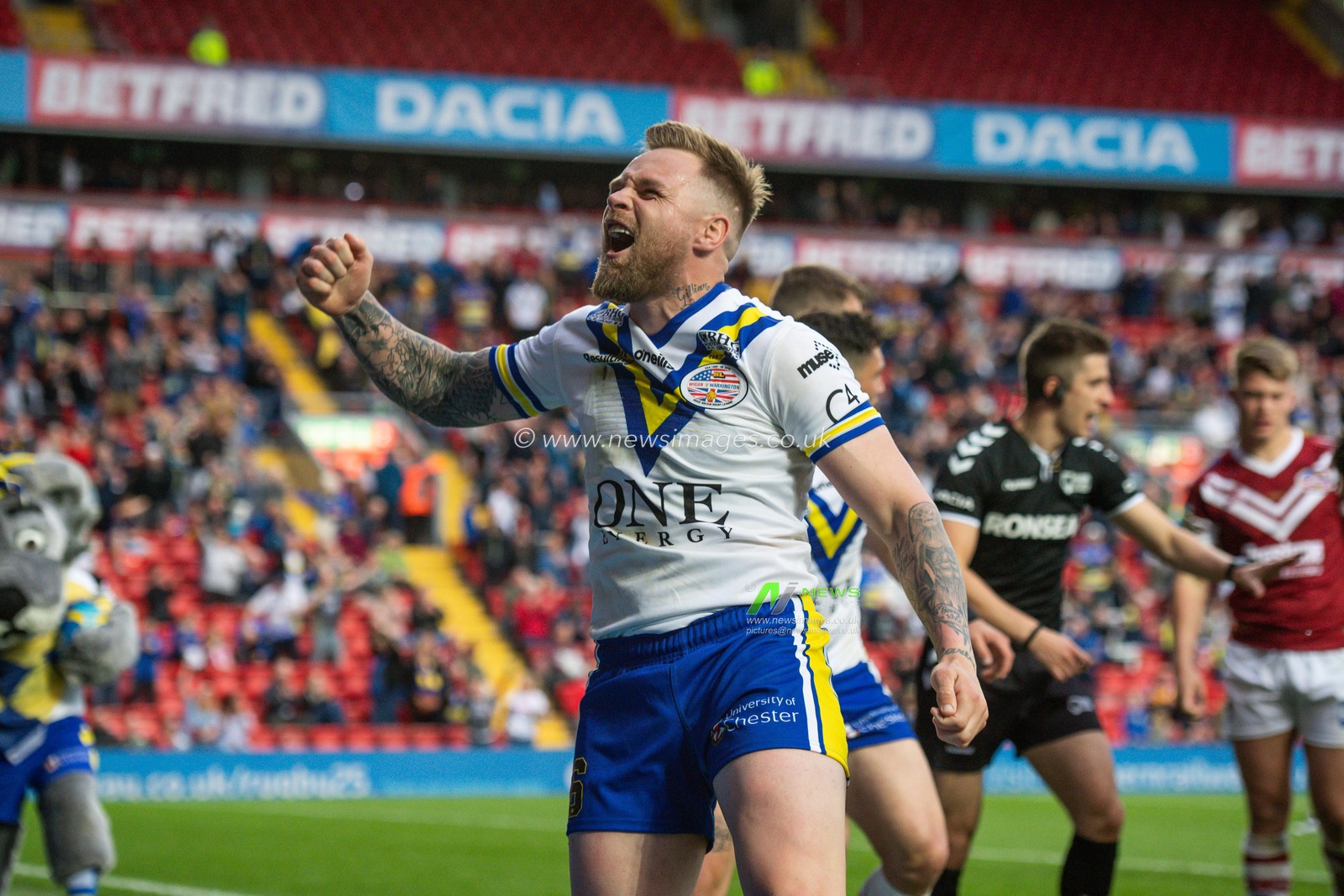 25th May 2019 , Anfield Stadium, Liverpool, England; Dacia Magic Weekend, Betfred Super League Round 16, Wigan Warriors vs Warrington Wolves ; Blake Austin (6) of Warrington Wolves celebrates scoring his try

Credit: Craig Thomas/News Images