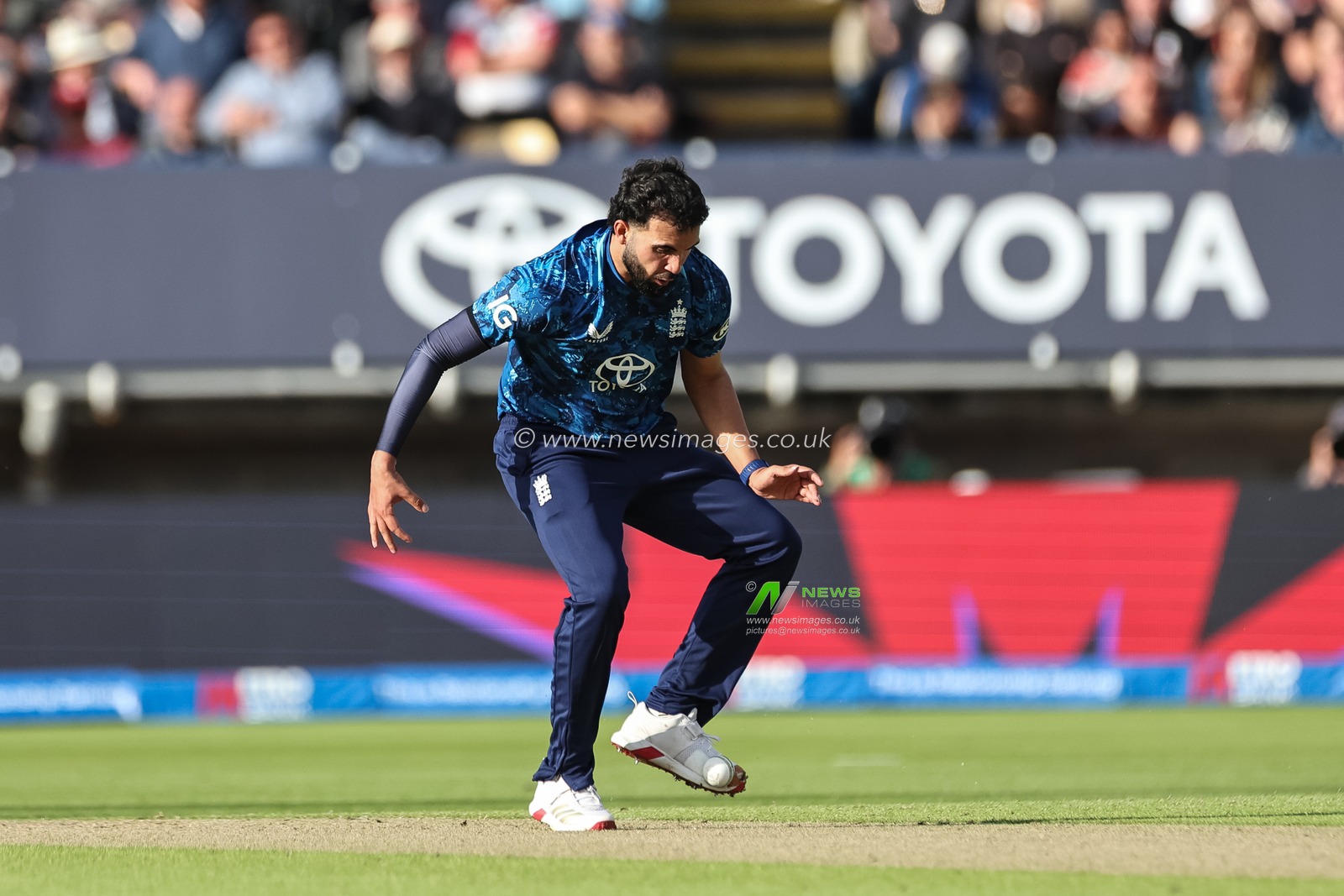 Saqib Mahmood of England stops the ball with his foot during the 1st Metro Bank ODI England vs West Indies at Edgbaston, Birmingham, United Kingdom, 29th May 2025

(Photo by Mark Cosgrove/News Images)