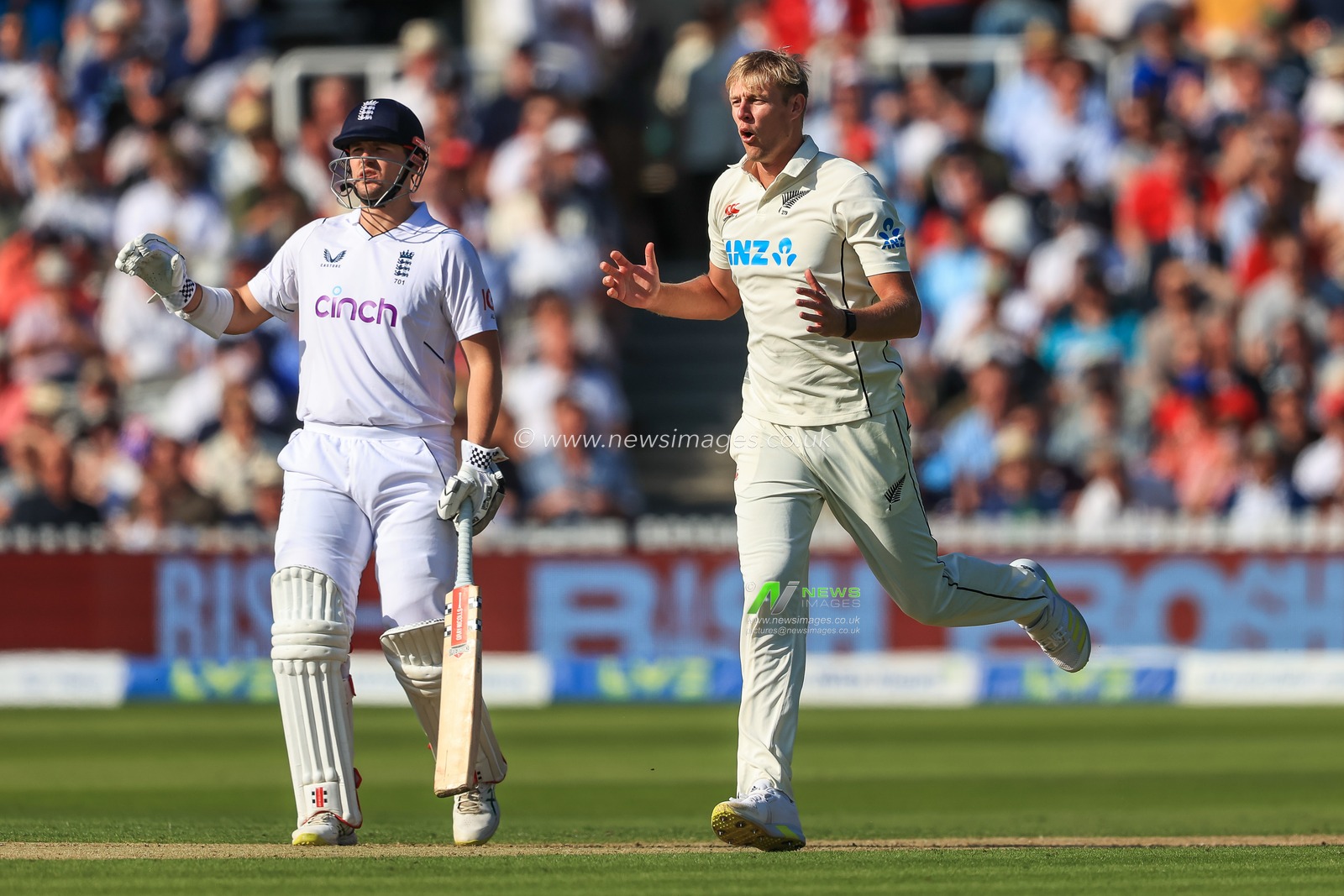 Kyle Jamieson of New Zealand reacts after a good delivery
