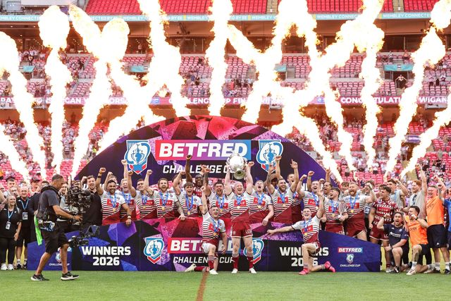 Liam Farrell of Wigan Warriors and his team mates lift the  Betfred Challenge Cup trophy during the Betfred Challenge Cup Final match Wigan Warriors vs Hull KR at Wembley Stadium, London, United Kingdom on 30 May 2026

(Photo by Mark Cosgrove/News Images)