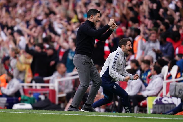 Mikel Arteta manager of Arsenal celebrates his sides first goal during the Premier League match Arsenal vs Fulham at Emirates, London, United Kingdom on 02 May 2026

(Photo by Harvey Murphy/News Images)