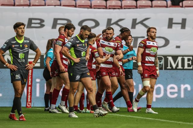 Jack Farrimond of Wigan Warriors celebrates his try during the Betfred Super League round 20 match Wigan Warriors vs Catalans Dragons at The Brick Community Stadium, Wigan, United Kingdom, 25th July 2025

(Photo by Alfie Cosgrove/News Images)