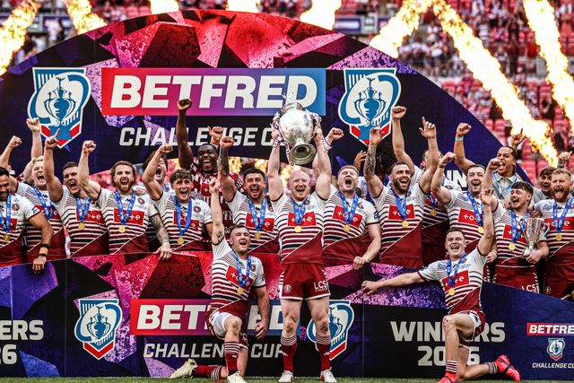 Liam Farrell of Wigan Warriors lifts the Betfred Challenge Cup Final Trophy during the Betfred Challenge Cup Final match Wigan Warriors vs Hull KR at Wembley Stadium, London, United Kingdom on 30 May 2026

(Photo by Alfie Cosgrove/News Images)