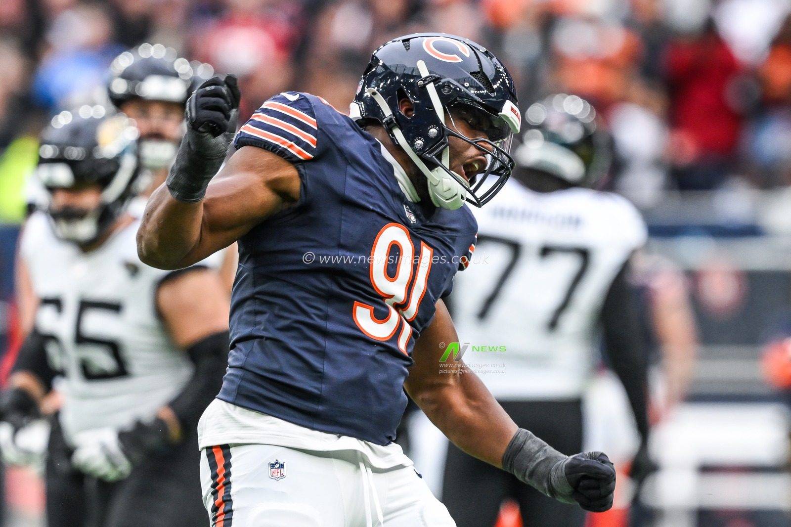 Chris Williams of the Chicago Bears celebrates sacking Trevor Lawrence of the Jacksonville Jaguars during the Week 6 match Chicago Bears vs Jacksonville Jaguars at Tottenham Hotspur Stadium, London, United Kingdom, 13th October 2024

(Photo by Craig Thomas/News Images)