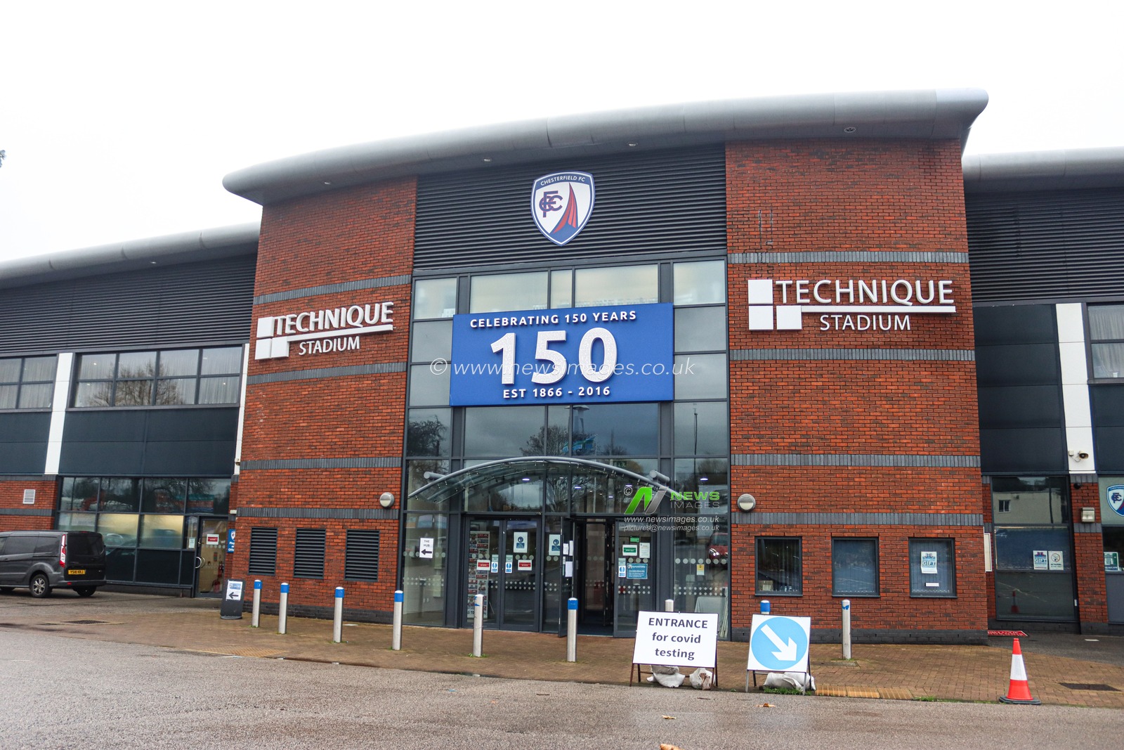 â€œCELEBRATING 150 YEARSâ€ is seen on the main entrance  at the Technique Stadium, home to Chesterfield fc