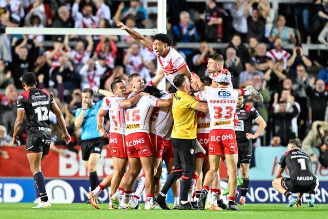 St Helens celebrates Moses Mbye of St. Helens drop goal to make it 17-16 St Helens during the Betfred Super League Round 21 match St Helens vs Salford Red Devils at Totally Wicked Stadium, St Helens, United Kingdom, 8th August 2024

(Photo by Cody Froggatt/News Images)