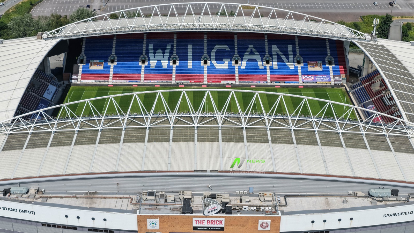 An aerial view of The Brick Community Stadium during the Betfred Super League round 18 match Wigan Warriors vs Warrington Wolves at The Brick Community Stadium, Wigan, United Kingdom on 10 July 2026

(Photo by Mark Cosgrove/News Images)