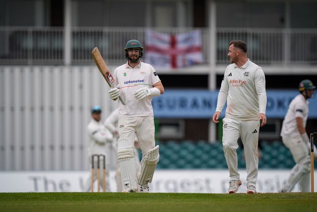 Stephen Eskinazi celebrates scoring his 100 as he reaches a century during the County Championship Division One day 3 Leicestershire vs Nottinghamshire at Grace Road, Leicester, United Kingdom on 03 May 2026

(Photo by Maynard Manyowa/News Images)