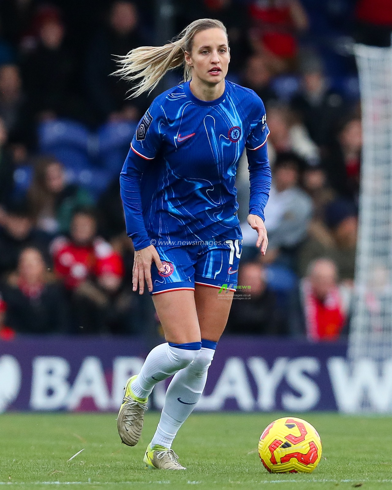 Nathalie Bjorn of Chelsea Women runs with the ball during the Barclays Women's Super League match Chelsea FC Women vs Manchester United Women at Kingsmeadow Stadium, Kingston upon Thames, United Kingdom, 24th November 2024

(Photo by Izzy Poles/News Images)