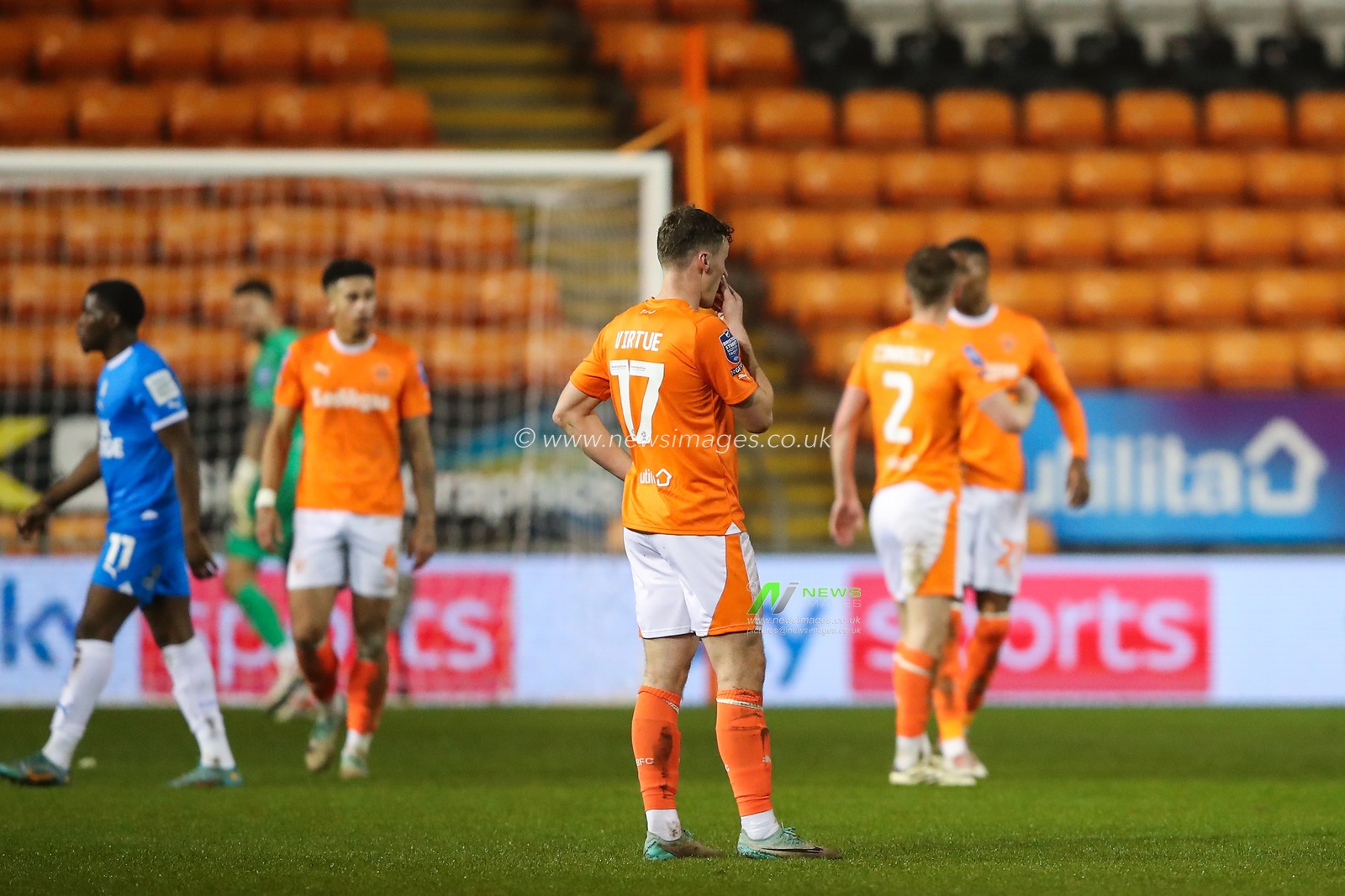 Matty Virtue of Blackpool reacts to his side conceding a goal to make it 0-1 during the Bristol Street Motors Trophy Semi-Final match Blackpool vs Peterborough United at Bloomfield Road, Blackpool, United Kingdom, 20th February 2024

(Photo by Gareth Evans/News Images)