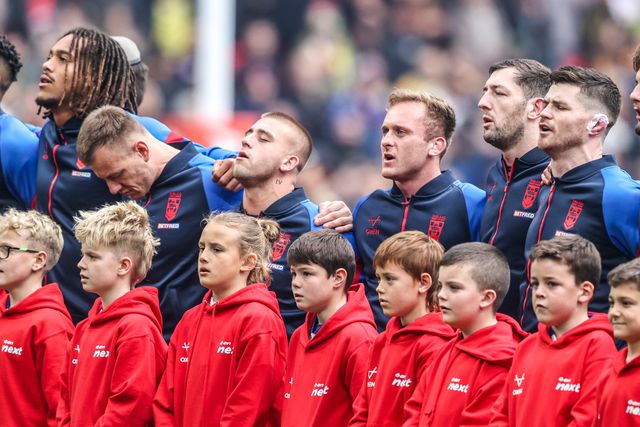Hull KR teammates Mikey Lewis of England and Jez Litten of England stand for the national anthem during the The Ashes Series 2025 England vs Australia at Wembley Stadium, London, United Kingdom, 25th October 2025

(Photo by Alfie Cosgrove/News Images)