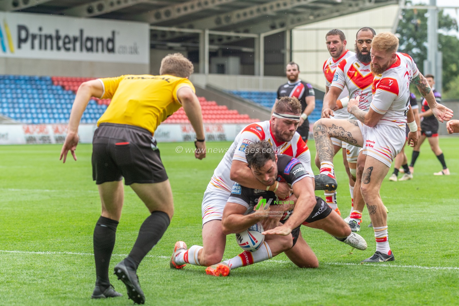 21st July 2019 ,  AJ Bell Stadium, Salford, England;  Betfred Super League, Round 23, Salford Red Devils vs Catalans Dragons ; Mark Flanagan (13) of Salford Red Devils powers over for a try

Credit: Richard Long/News Images