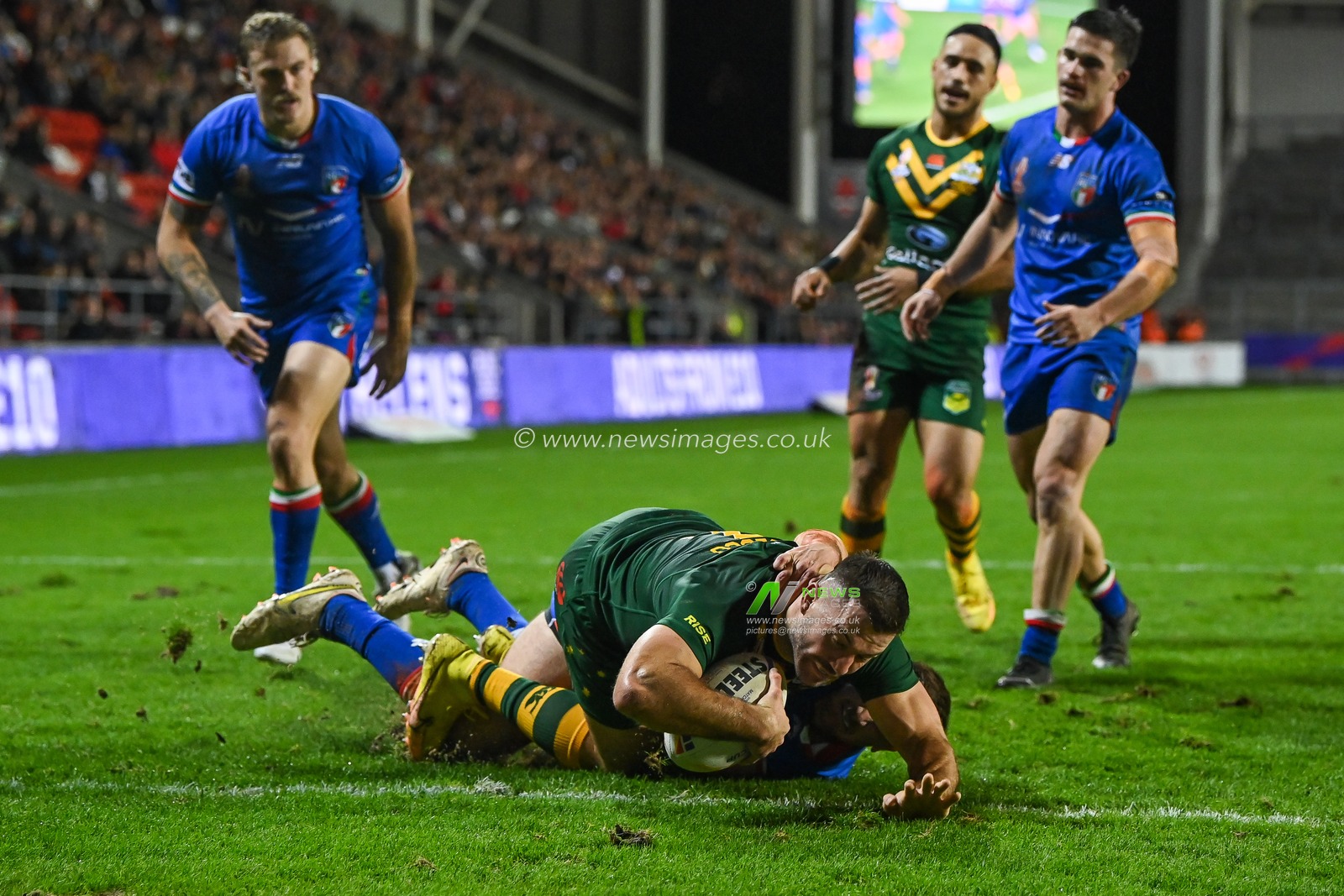 James Tedesco of Australia goes over for a try during the Rugby League World Cup 2021 match Australia vs Italy at Totally Wicked Stadium, St Helens, United Kingdom, 29th October 2022

(Photo by Craig Thomas/News Images)