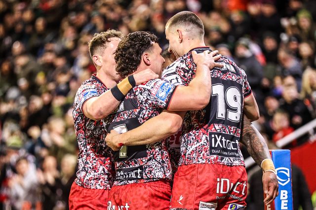 Tesi Niu of Leigh Leopards celebrates his try during the Betfred Super League match Leigh Leopards vs Catalans Dragons at Leigh Sports Village, Leigh, United Kingdom on 06 March 2026

(Photo by Alfie Cosgrove/News Images)