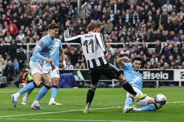 Abdukodir Khusanov of Manchester City blocks a shot off Harvey Barnes of Newcastle Untied during the Emirates FA Cup 5th Round  match Newcastle Untied vs Manchester City at St. James's Park, Newcastle, United Kingdom on 07 March 2026

(Photo by Mark Cosgrove/News Images)
