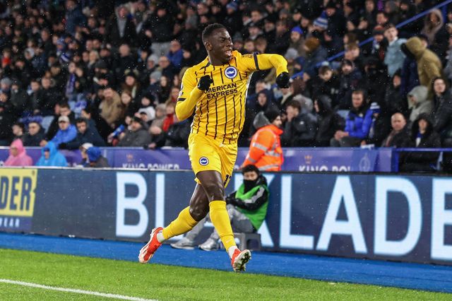 Yankuba Minteh of Brighton & Hove Albion celebrates his goal to make it 0-2 during the Premier League match Leicester City vs Brighton and Hove Albion at King Power Stadium, Leicester, United Kingdom, 8th December 2024

(Photo by Alfie Cosgrove/News Images)