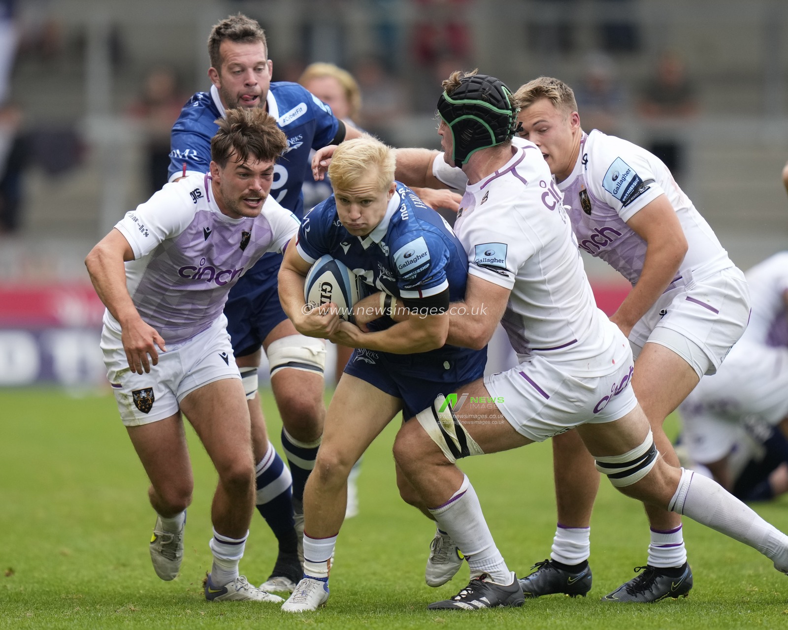 Sale Sharks Aaron Reed is held in a tackle during the Gallagher Premiership match Sale Sharks vs Northampton Saints at AJ Bell Stadium, Eccles, United Kingdom, 11th September 2022

(Photo by Steve Flynn/News Images)
