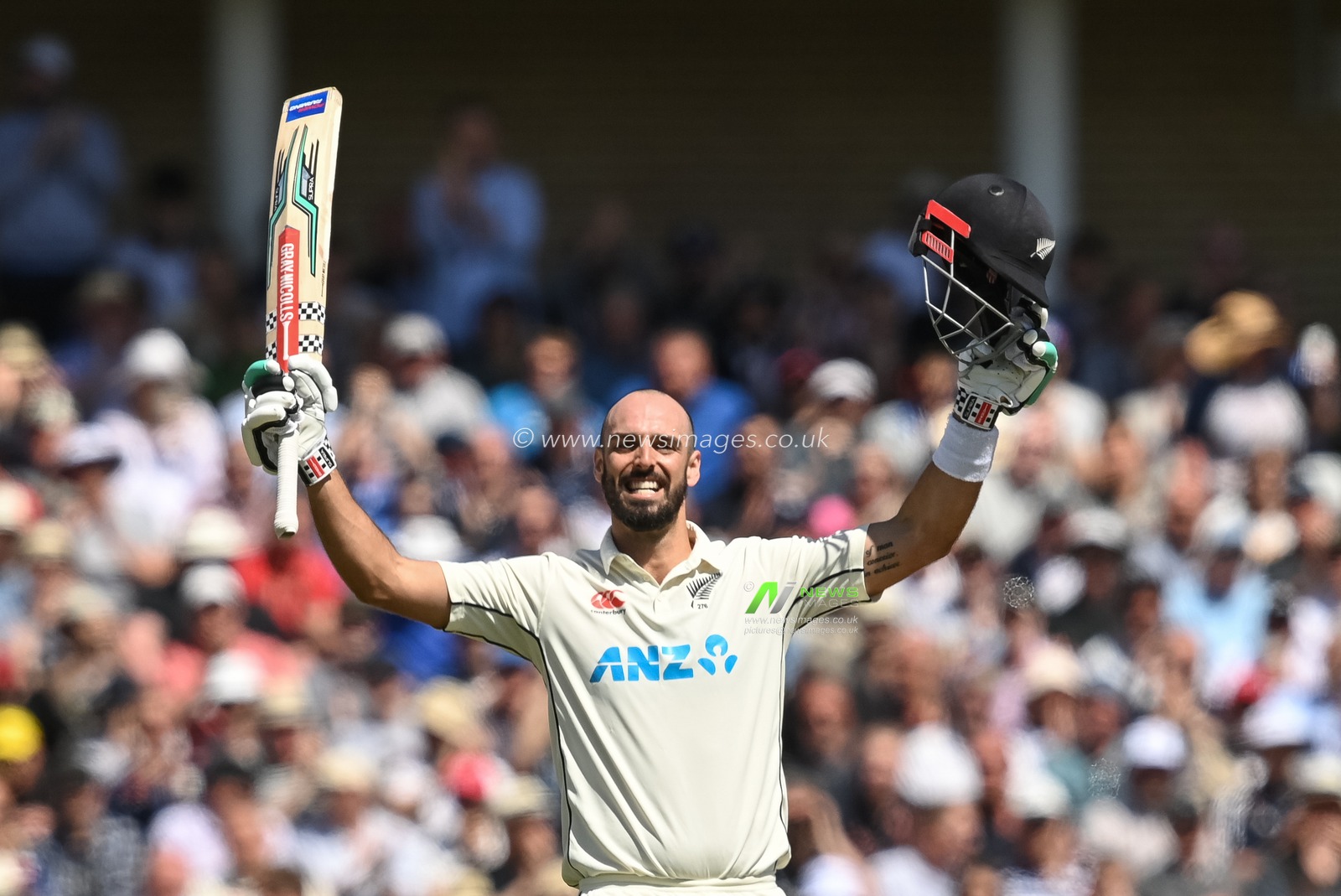 Daryl Mitchell of New Zealand celebrates a century (100 runs) during day 2 of the 2nd Test between the New Zealand Blackcaps and England at Trent Bridge Cricket Ground, Nottingham, England on Saturday 11 June 2022.
New Zealand tour of England 2022.
 Â© Craig Thomas / www.photosport.nz