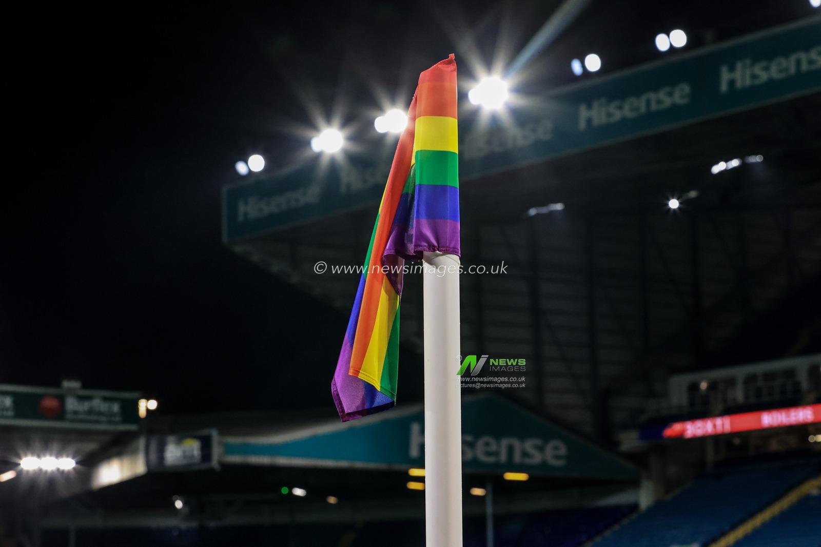 Rainbow Laces corner flags are in place at  Elland Road ahead of this evenings Premier League game, Leeds United v Crystal Palace