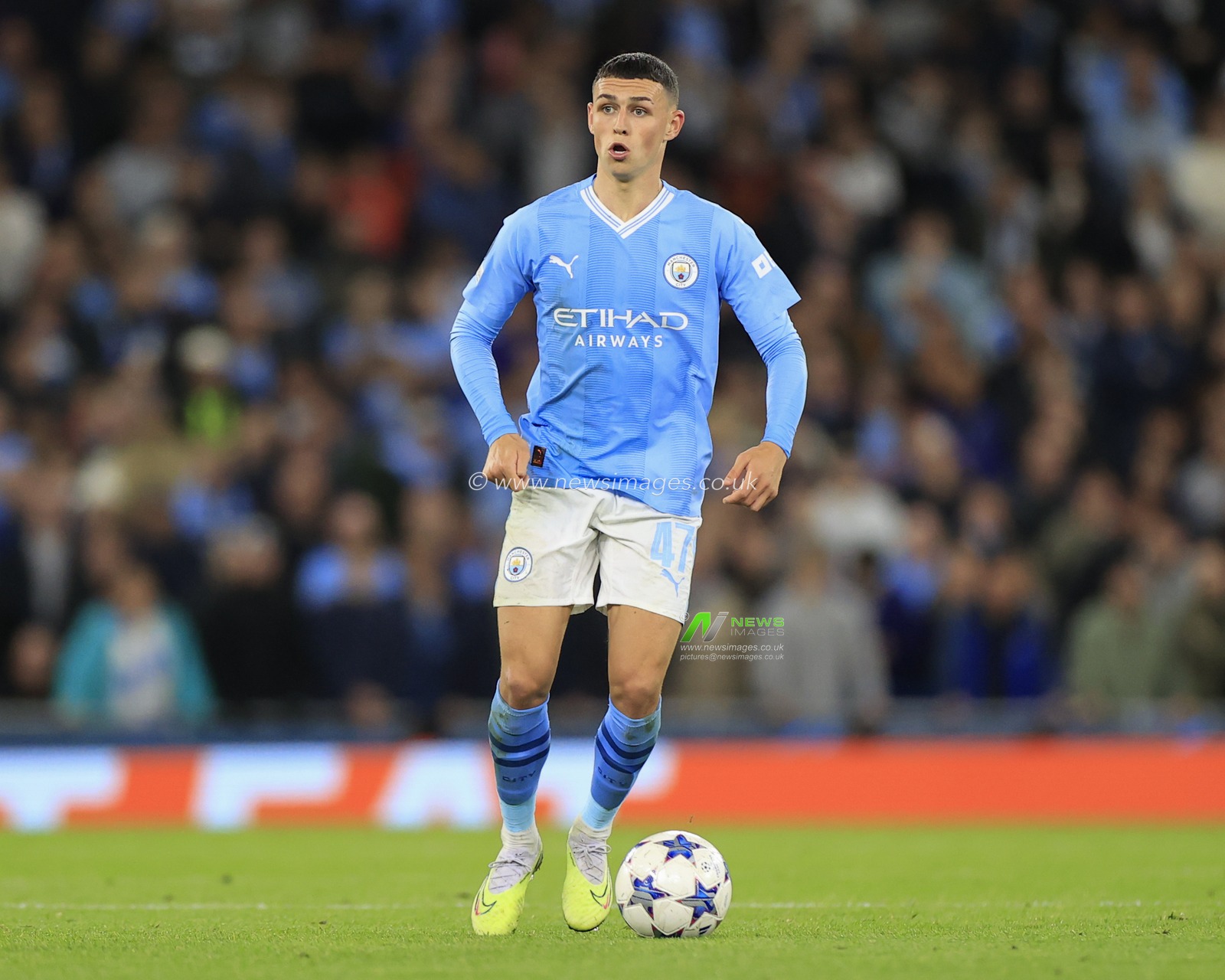 Phil Foden #47 of Manchester City controls the ball during the UEFA Champions League match Manchester City vs Red Star Belgrade at Etihad Stadium, Manchester, United Kingdom, 19th September 2023

(Photo by Conor Molloy/News Images)