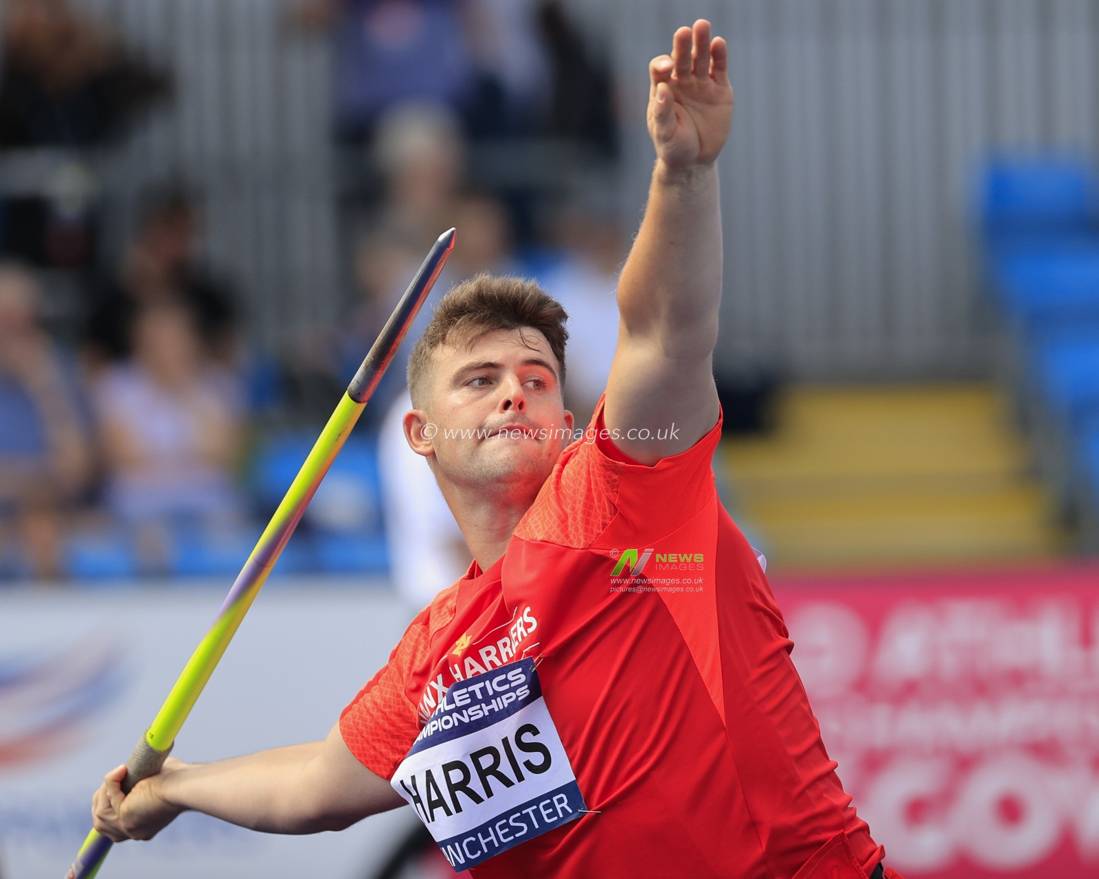 Joe Harris competes in the javelin during the UK Athletics Championships at Manchester Regional Arena, Manchester, United Kingdom, 9th July 2023

(Photo by Conor Molloy/News Images)