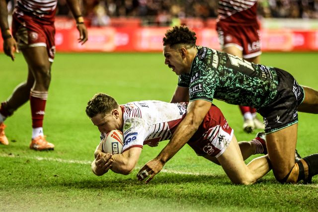 Jai Field of Wigan Warriors goes over for a try during the Betfred Super League match Wigan Warriors vs Leigh Leopards at The Brick Community Stadium, Wigan, United Kingdom on 26 February 2026

(Photo by Alfie Cosgrove/News Images)