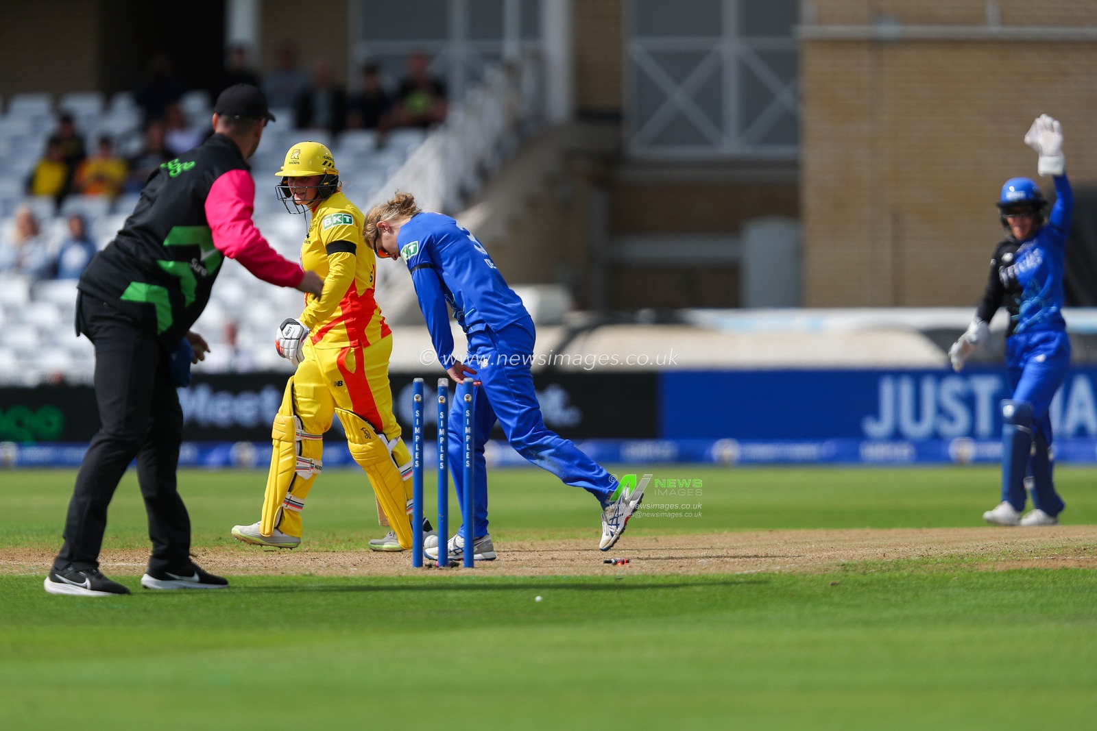 Bryony Smith of Trent Rockets is out, hits wicket during the The Hundred match Trent Rockets Women vs London Spirit Women at Trent Bridge, Nottingham, United Kingdom, 7th August 2024

(Photo by Izzy Poles/News Images)