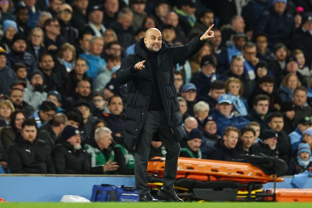 Pep Guardiola manager of Manchester City gives his team instructions during the Premier League match Manchester City vs Aston Villa at Etihad Stadium, Manchester, United Kingdom, 3rd April 2024

(Photo by Mark Cosgrove/News Images)