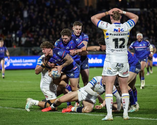 Harvey Smith of Wakefield Trinity celebrates his try with team mates during the Betfred Challenge Cup round 4 match Wakefield Trinity vs Leeds Rhinos at DIY Kitchens Stadium, Wakefield, United Kingdom on 13 March 2026

(Photo by Mark Cosgrove/News Images)
