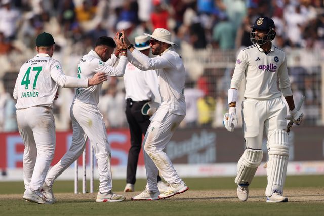 Keshav Maharaj of South Africa celebrates with Aiden Markram of South Africa after dismissing Axar Patel of India during the IDFC First Bank Test Day 3 match India vs South Africa at Eden Gardens, Kolkata, India, 16th November 2025

(Photo by Shubhajit Roy Karmakar/News Images)