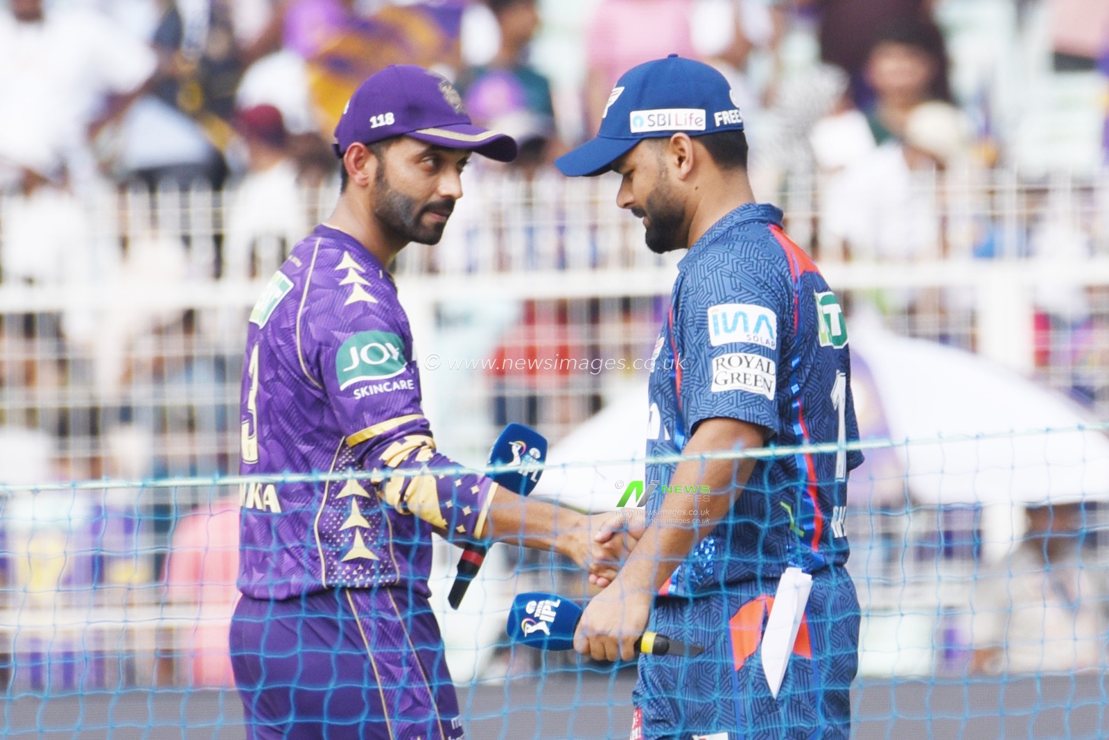 Kolkata Knight Riders' captain Ajinkya Rahane and Lucknow Super Giants' captain Rishabh Pant at the toss before the start of the Indian Premier League (IPL) 2025 cricket match between Kolkata Knight Riders and Lucknow Super Giants, at Eden Gardens, in Kolkata, West Bengal, Tuesday, April 8, 2025. Photo by Debajyoti Chakraborty.(Photo: Debajyoti Chakraborty/News Images)
