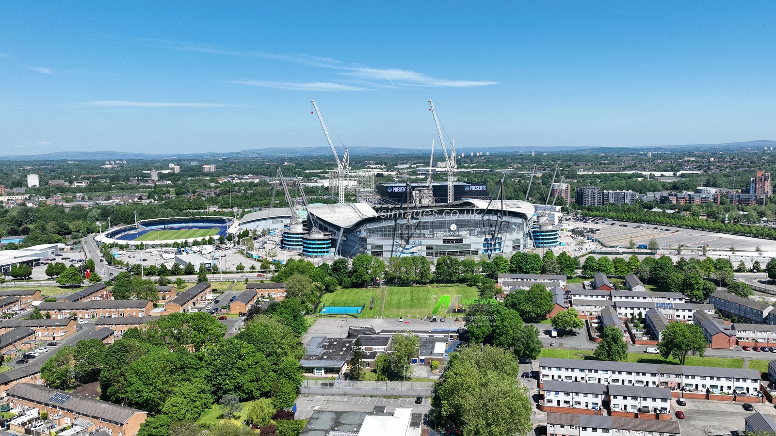 An aerial view of the Etihad Stadium ahead of the Premier League match Manchester City vs West Ham United at Etihad Stadium, Manchester, United Kingdom, 19th May 2024

(Photo by Mark Cosgrove/News Images)