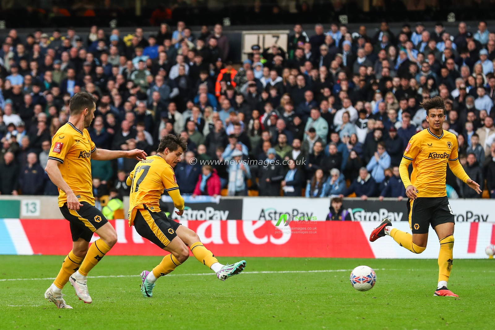 Hugo Bueno of Wolverhampton Wanderers scores a goal to make it 2-1 during the Emirates FA Cup Quarter- Final match Wolverhampton Wanderers vs Coventry City at Molineux, Wolverhampton, United Kingdom, 16th March 2024

(Photo by Gareth Evans/News Images)