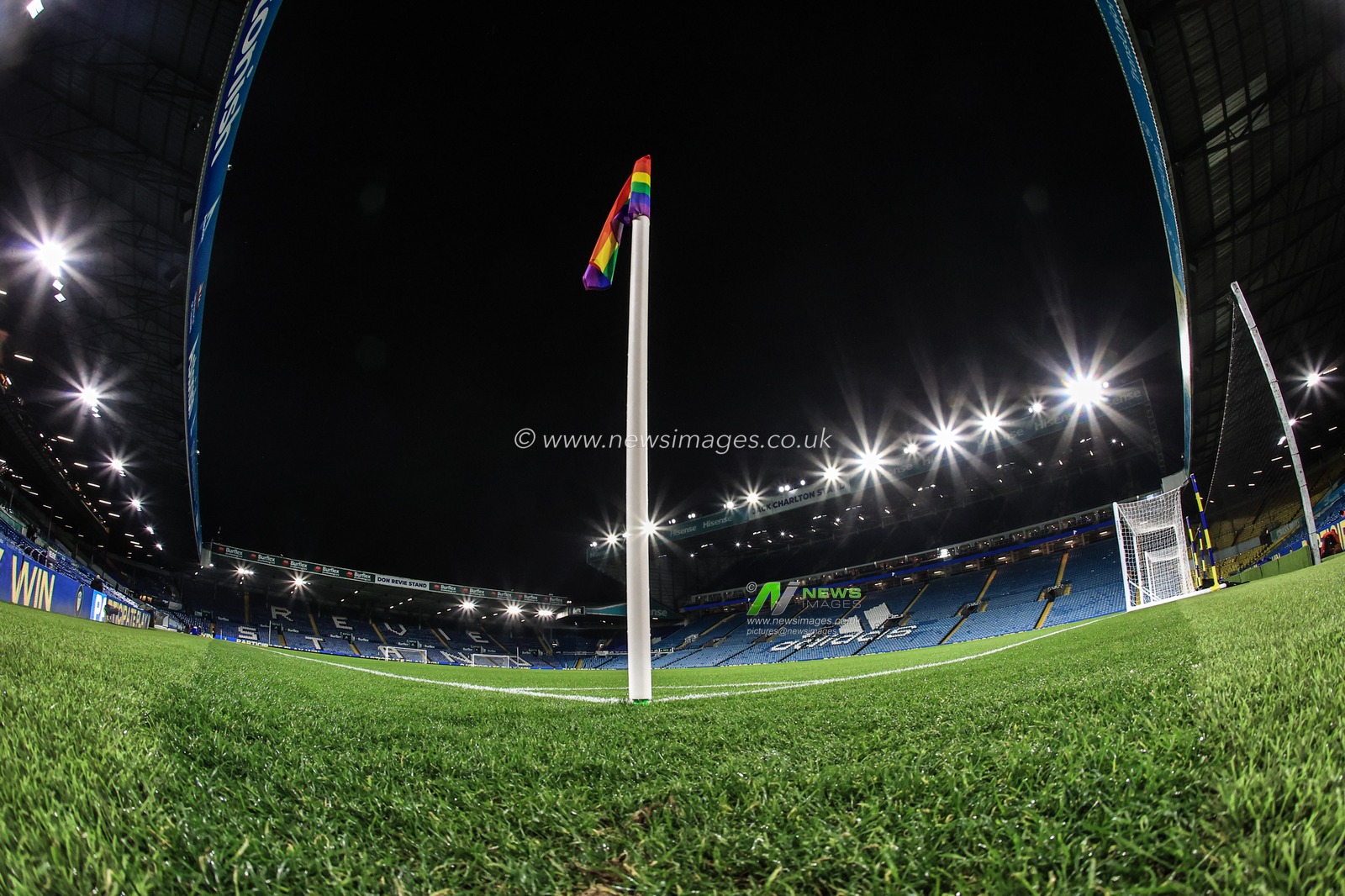 Rainbow Laces corner flags are in place at  Elland Road ahead of this evenings Premier League game, Leeds United v Crystal Palace