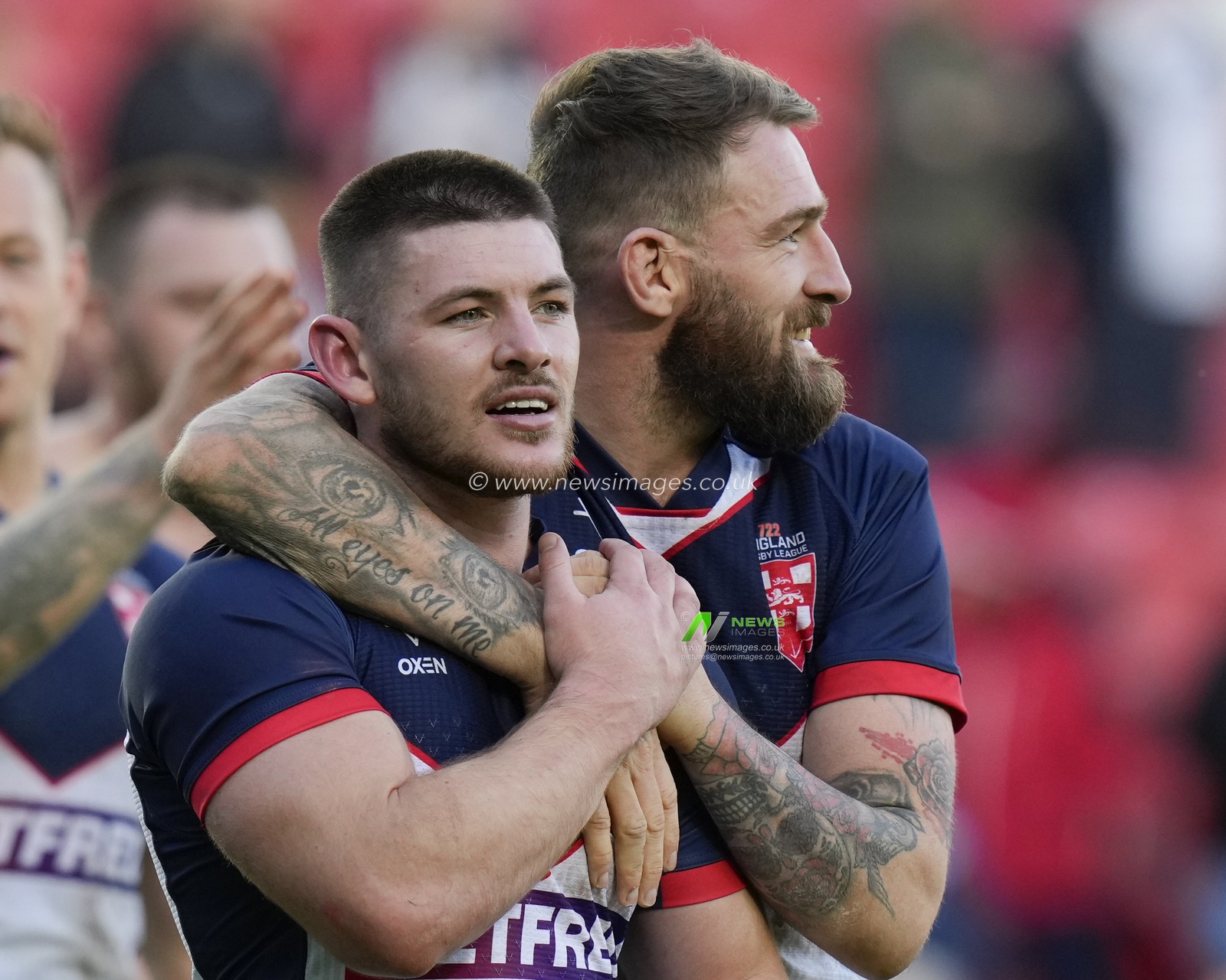 Daryl Clark #9 of England celebrates with Danny Walker #14 of England after the Rugby League International match England vs Tonga at Totally Wicked Stadium, St Helens, United Kingdom, 22nd October 2023

(Photo by Steve Flynn/News Images)