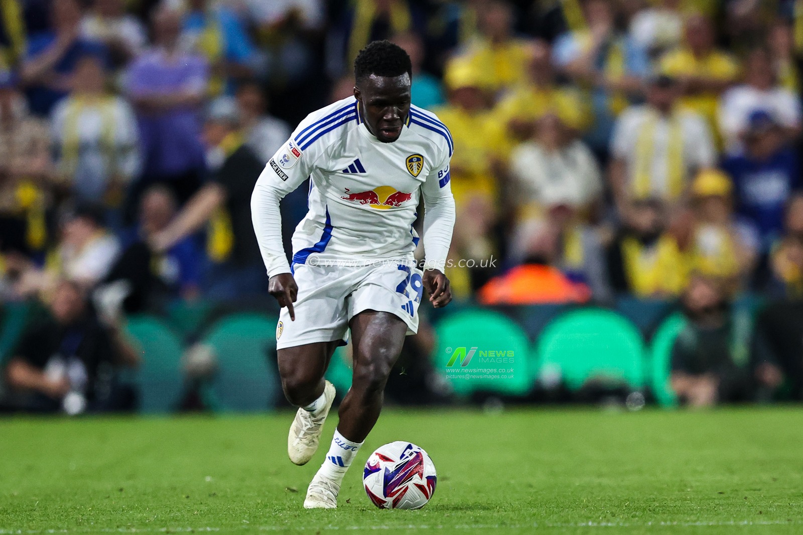 Wilfried Gnonto of Leeds United breaks with the ball during the Sky Bet Championship match Leeds United vs Bristol City at Elland Road, Leeds, United Kingdom, 28th April 2025

(Photo by Alfie Cosgrove/News Images)