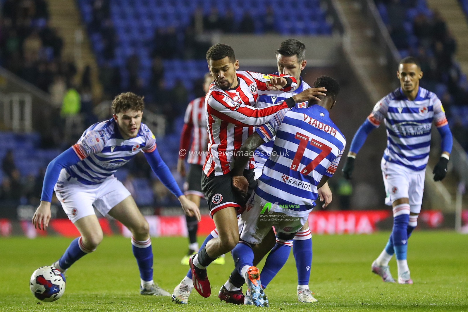 Andy Yiadom #17 of Reading tackles Iliman Ndiaye #29 of Sheffield United during the Sky Bet Championship match Reading vs Sheffield United at Select Car Leasing Stadium, Reading, United Kingdom, 7th March 2023

(Photo by Gareth Evans/News Images)